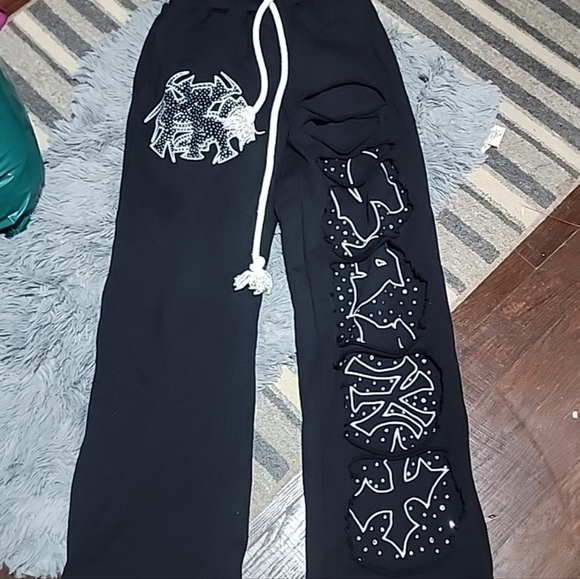 100% Cotton Rhinestone Crytal Wide Leg Pants French Terry Washed Mens Trackpsnts - Picture 5 of 10